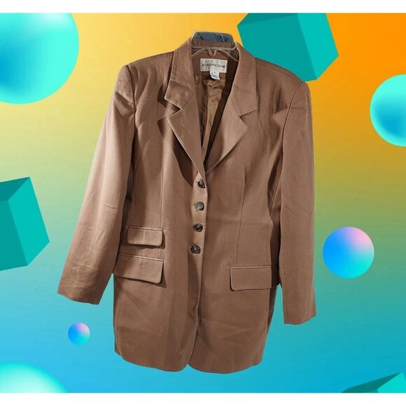 Evan Picone Jackets & Blazers - EVAN-PICONE 1980's 4 Button Carmel Long Length Blazer Shoulder Pads Made In USA